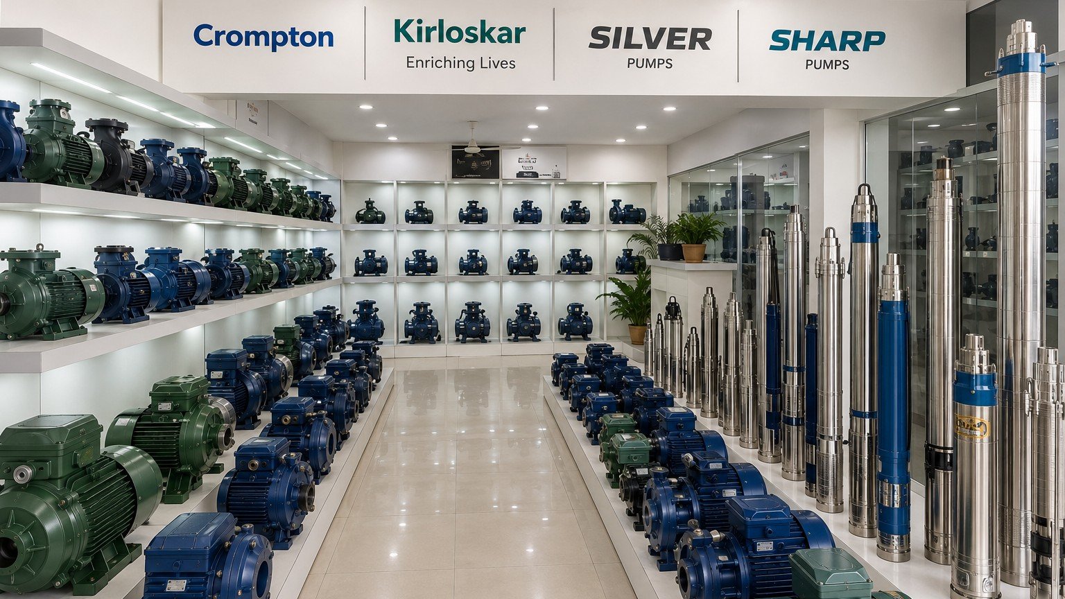 Motorwala showroom display with Crompton, Kirloskar, Silver and Sharp pump brands