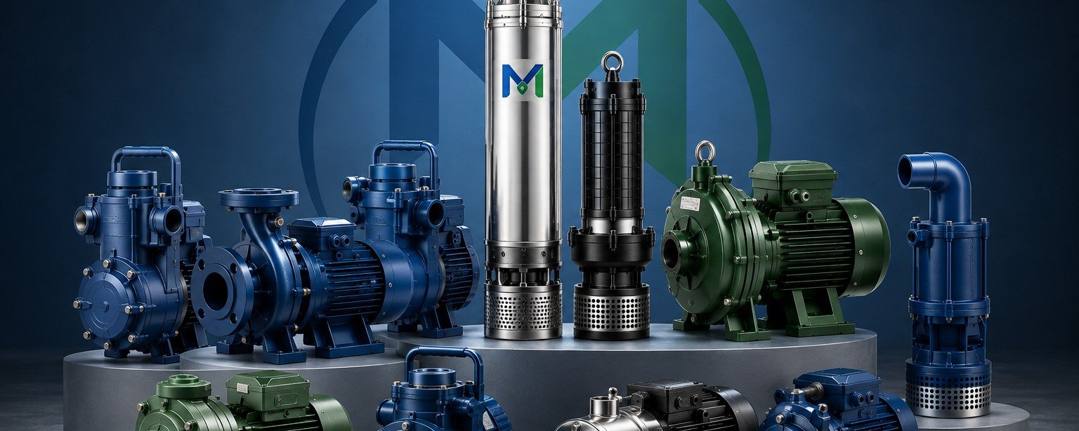 Full Motorwala pump range — monoblock, submersible and openwell motors lined up together
